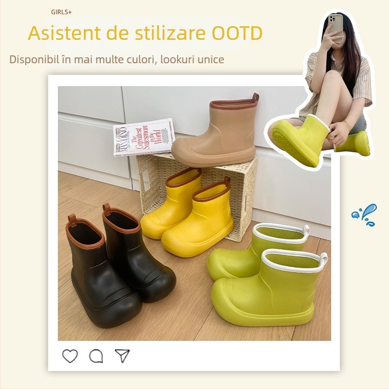 Cizme de ploaie pentru femei, partea superioară EVA, înălțime medie a gleznei, toc 3–5 cm, potrivite pentru patru sezoane