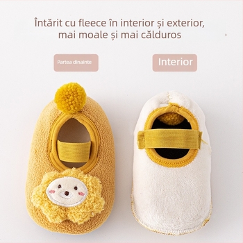 Pantofi pentru învățarea mersului la copii - căptușeală fleece, model cartoon, închidere cu bandă elastică, talpă moale anti-derapantă, calzi pentru iarnă/toamnă