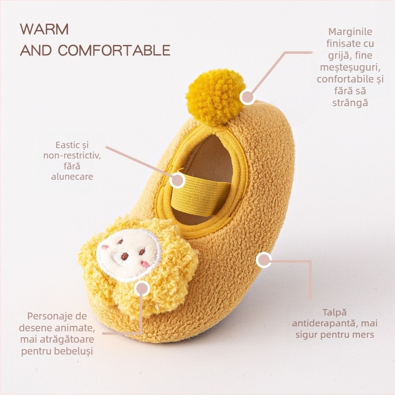 Pantofi pentru învățarea mersului la copii - căptușeală fleece, model cartoon, închidere cu bandă elastică, talpă moale anti-derapantă, calzi pentru iarnă/toamnă