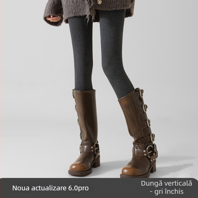 Colanți dama din bumbac, cu căptușeală fleece, groși, cu dungi verticale, pentru toamnă-iarnă, subțierea siluetei (Bumbac; Groși; Dungi; Subțierea siluetei; Mențin căldura)