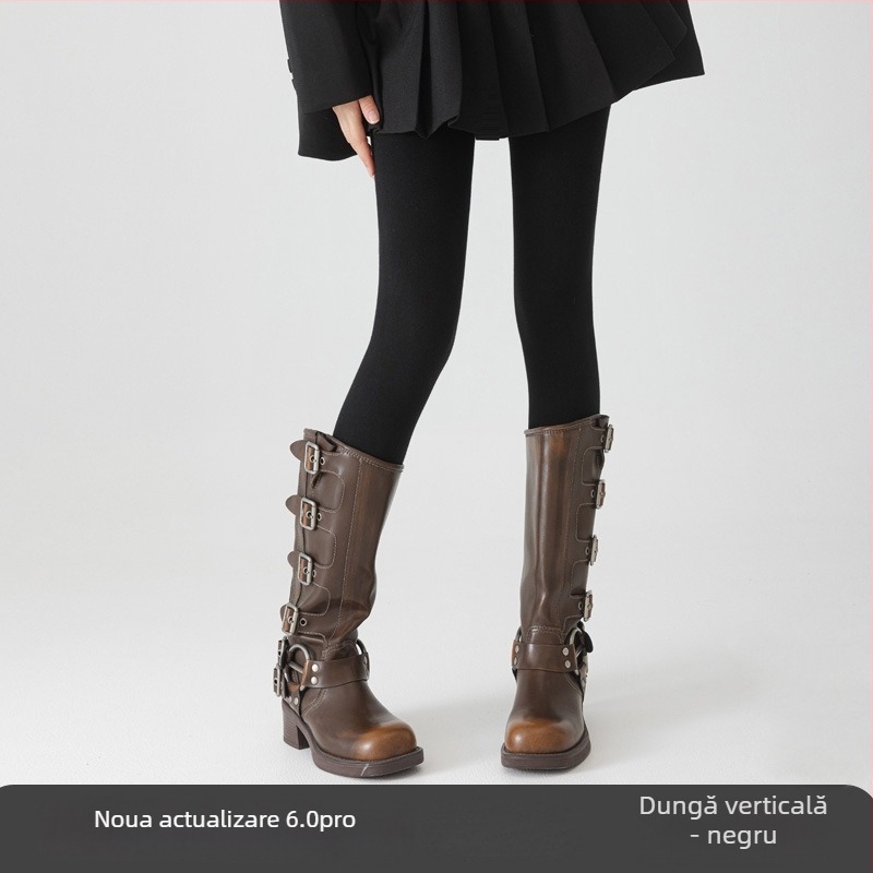 Colanți dama din bumbac, cu căptușeală fleece, groși, cu dungi verticale, pentru toamnă-iarnă, subțierea siluetei (Bumbac; Groși; Dungi; Subțierea siluetei; Mențin căldura)