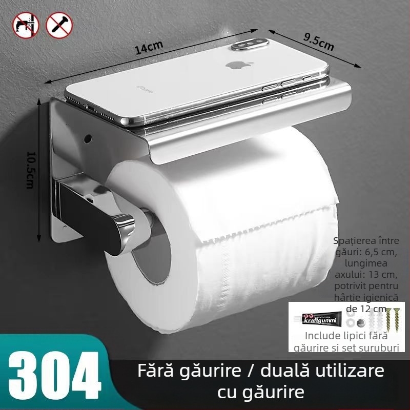 Suport de hârtie igienică din oțel inoxidabil 304, pătrat, suprafață lustruită oglindă, montaj fără găuri, stil modern minimalist