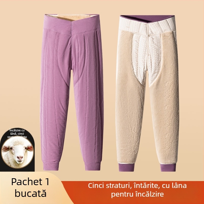 Pantaloni termici unisex din lână 100% cu căptușeală de catifea, trei straturi, talie înaltă, cu protecție pentru genunchi și talie