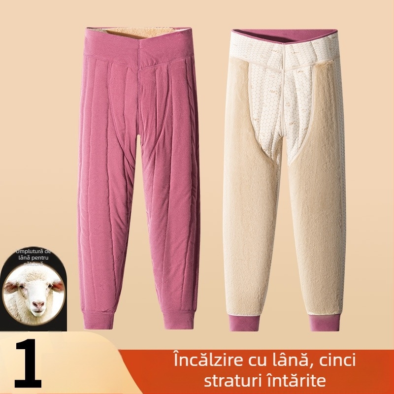 Pantaloni termici unisex din lână 100% cu căptușeală de catifea, trei straturi, talie înaltă, cu protecție pentru genunchi și talie