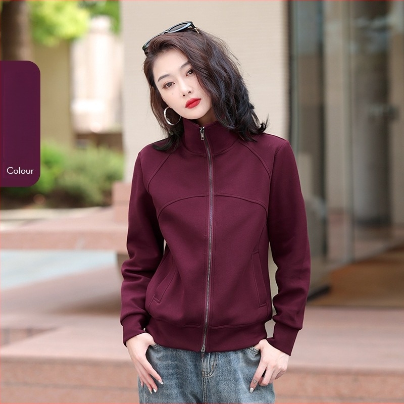 Rujue Cardigan cu două fermoare și guler înalt, din amestec bumbac-poliester (70-80% bumbac), mâneci lungi, croială lejeră, fermoar frontal