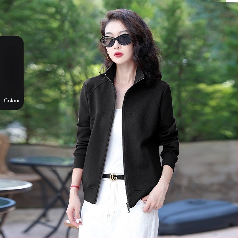 Rujue Cardigan cu două fermoare și guler înalt, din amestec bumbac-poliester (70-80% bumbac), mâneci lungi, croială lejeră, fermoar frontal