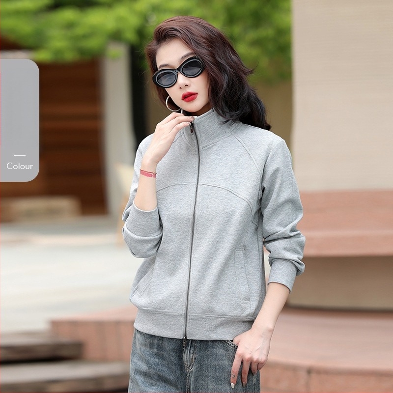 Rujue Cardigan cu două fermoare și guler înalt, din amestec bumbac-poliester (70-80% bumbac), mâneci lungi, croială lejeră, fermoar frontal