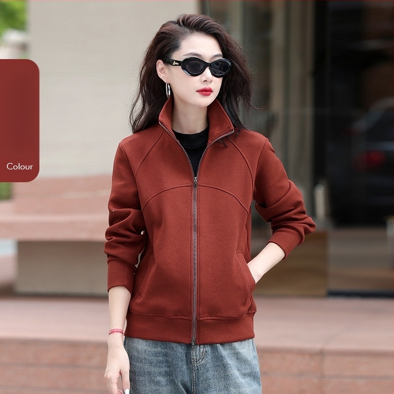 Rujue Cardigan cu două fermoare și guler înalt, din amestec bumbac-poliester (70-80% bumbac), mâneci lungi, croială lejeră, fermoar frontal