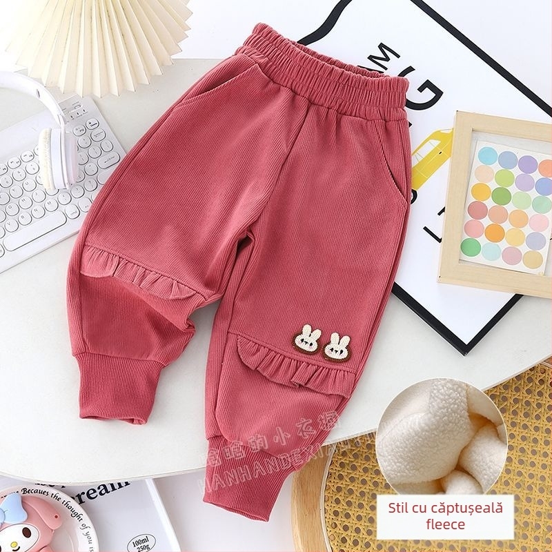 Pantaloni trening pentru fete, cu fleece pe interior, croială lejeră, stil coreean, margine cu dantelă, pentru nou-născuți 0–12 luni, primăvară-toamnă