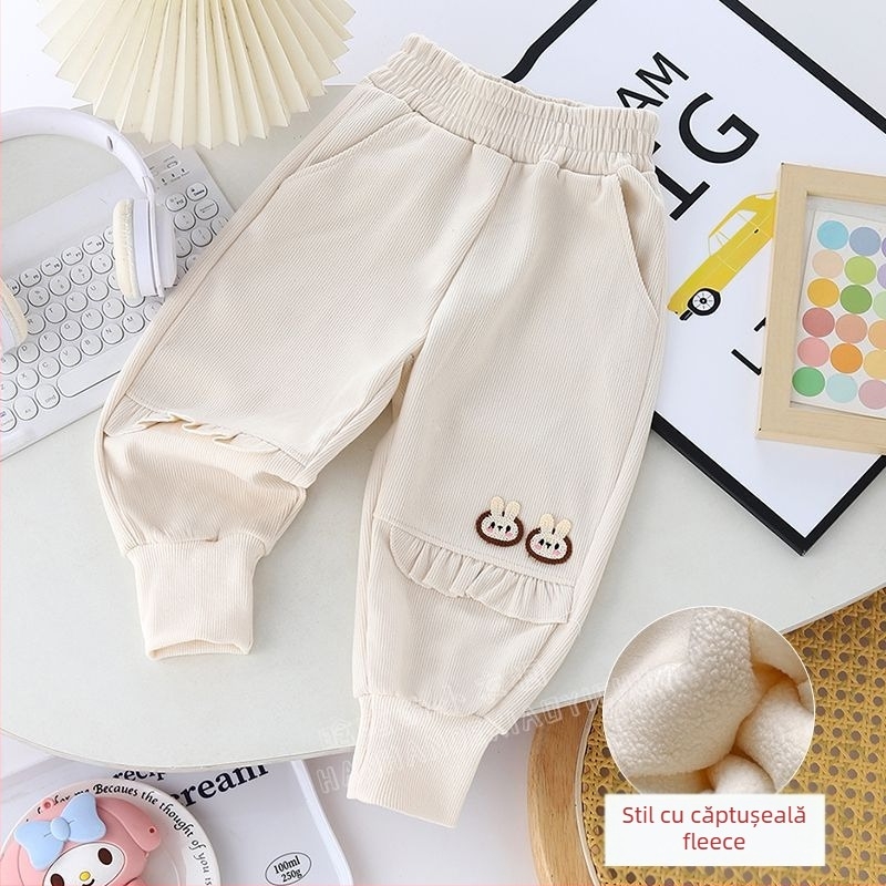 Pantaloni trening pentru fete, cu fleece pe interior, croială lejeră, stil coreean, margine cu dantelă, pentru nou-născuți 0–12 luni, primăvară-toamnă