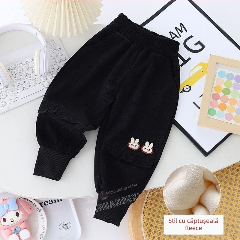 Pantaloni trening pentru fete, cu fleece pe interior, croială lejeră, stil coreean, margine cu dantelă, pentru nou-născuți 0–12 luni, primăvară-toamnă