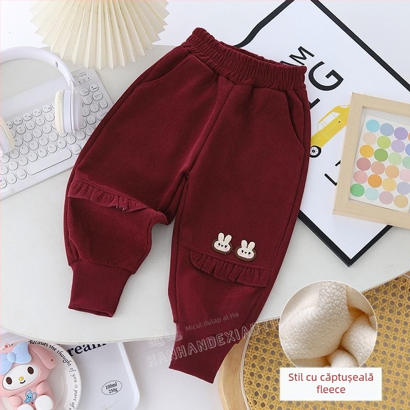 Pantaloni trening pentru fete, cu fleece pe interior, croială lejeră, stil coreean, margine cu dantelă, pentru nou-născuți 0–12 luni, primăvară-toamnă