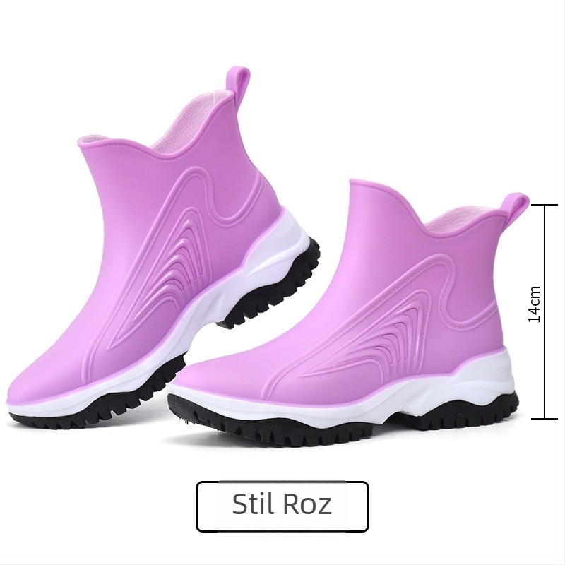 Ghete de ploaie din PVC pentru femei cu talpă groasă, model color-block, glezna scurtă, toc plat, anti-derapare, pentru toate sezoanele