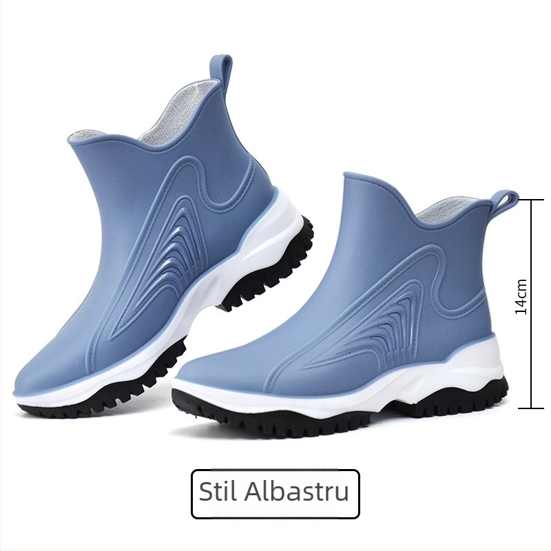 Ghete de ploaie din PVC pentru femei cu talpă groasă, model color-block, glezna scurtă, toc plat, anti-derapare, pentru toate sezoanele