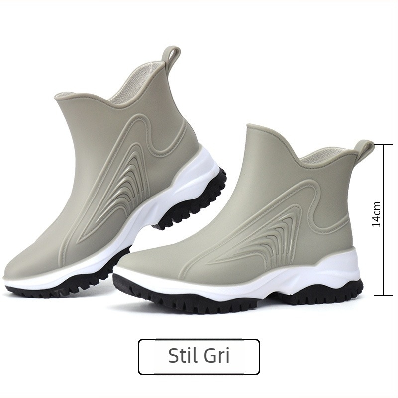 Ghete de ploaie din PVC pentru femei cu talpă groasă, model color-block, glezna scurtă, toc plat, anti-derapare, pentru toate sezoanele