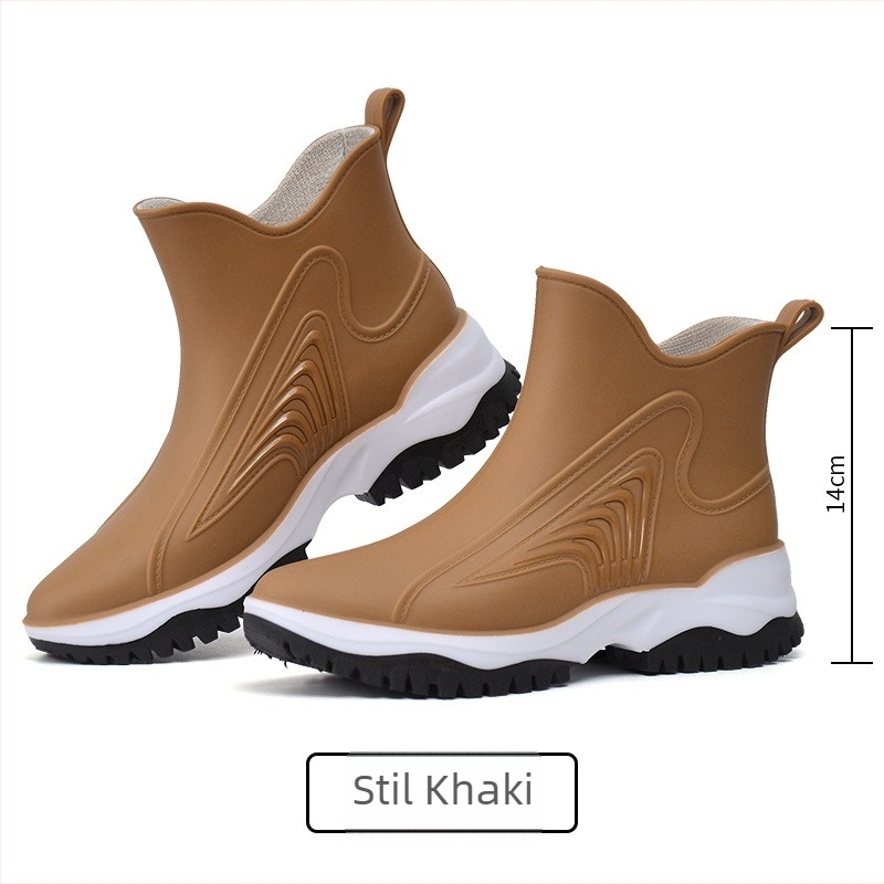 Ghete de ploaie din PVC pentru femei cu talpă groasă, model color-block, glezna scurtă, toc plat, anti-derapare, pentru toate sezoanele