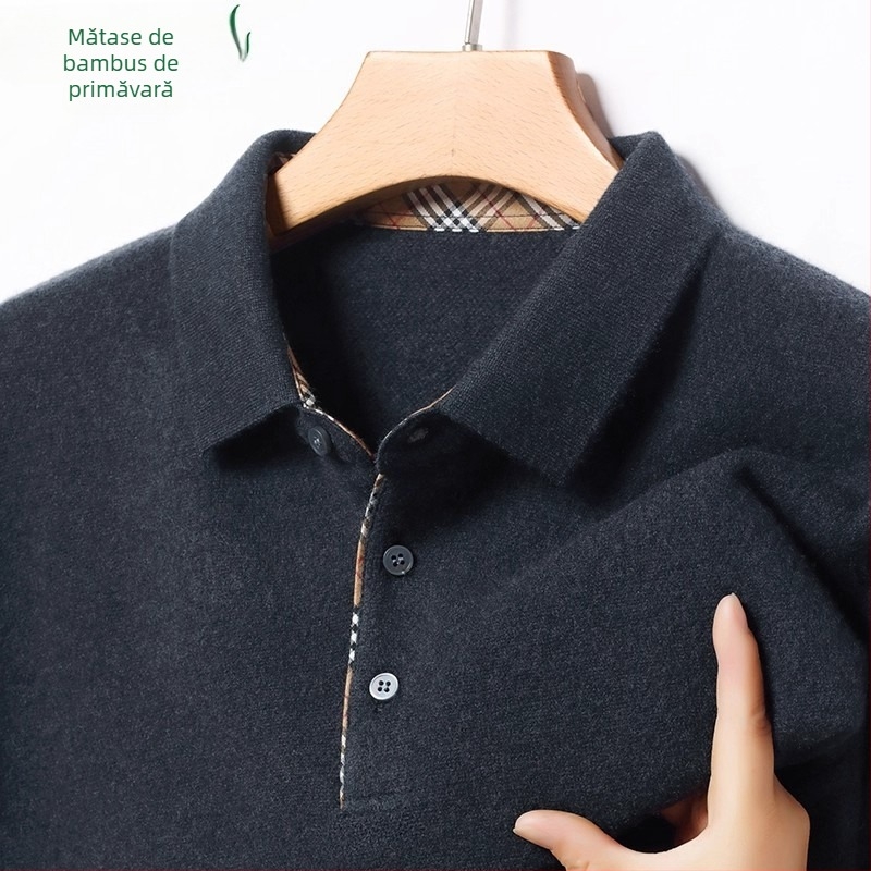 Pulover bărbați 100% cașmir, polo cu rever, tricot gros, mâneci lungi, jacquard