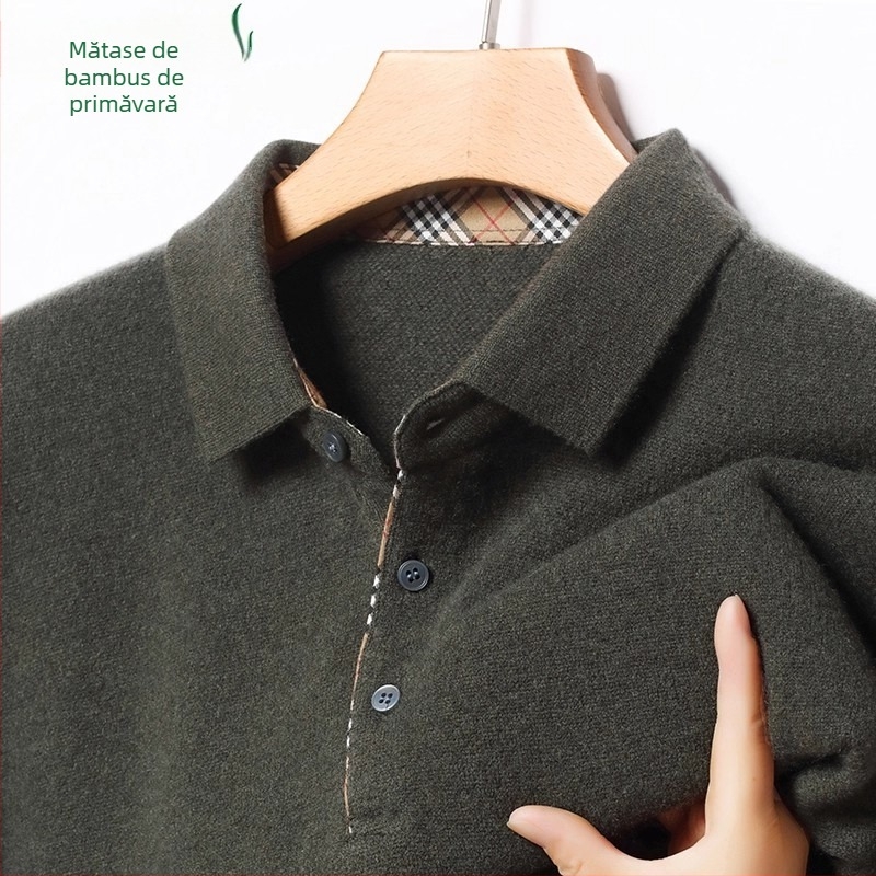 Pulover bărbați 100% cașmir, polo cu rever, tricot gros, mâneci lungi, jacquard