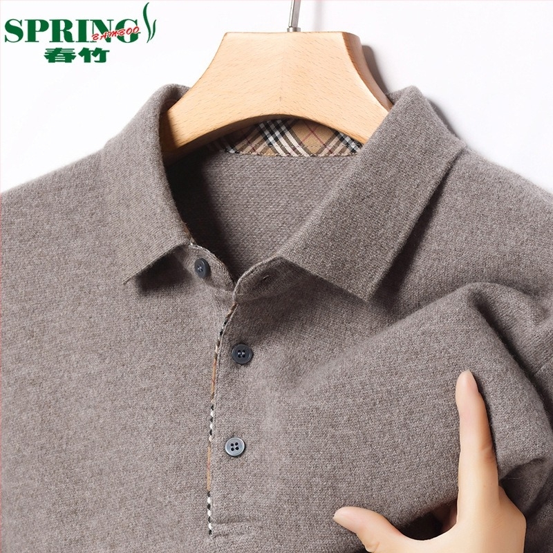 Pulover bărbați 100% cașmir, polo cu rever, tricot gros, mâneci lungi, jacquard