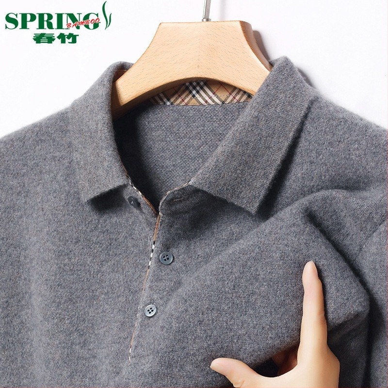 Pulover bărbați 100% cașmir, polo cu rever, tricot gros, mâneci lungi, jacquard