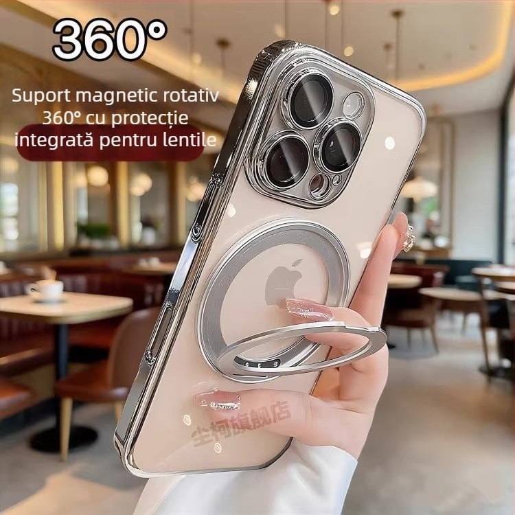Carcasă transparentă minimalistă cu suport rotativ și prindere magnetică pentru iPhone 17 Pro/Pro Max și 16 Pro – TPU, suport rotativ, magnet, protecție împotriva căderilor, protecție lentile inclusă