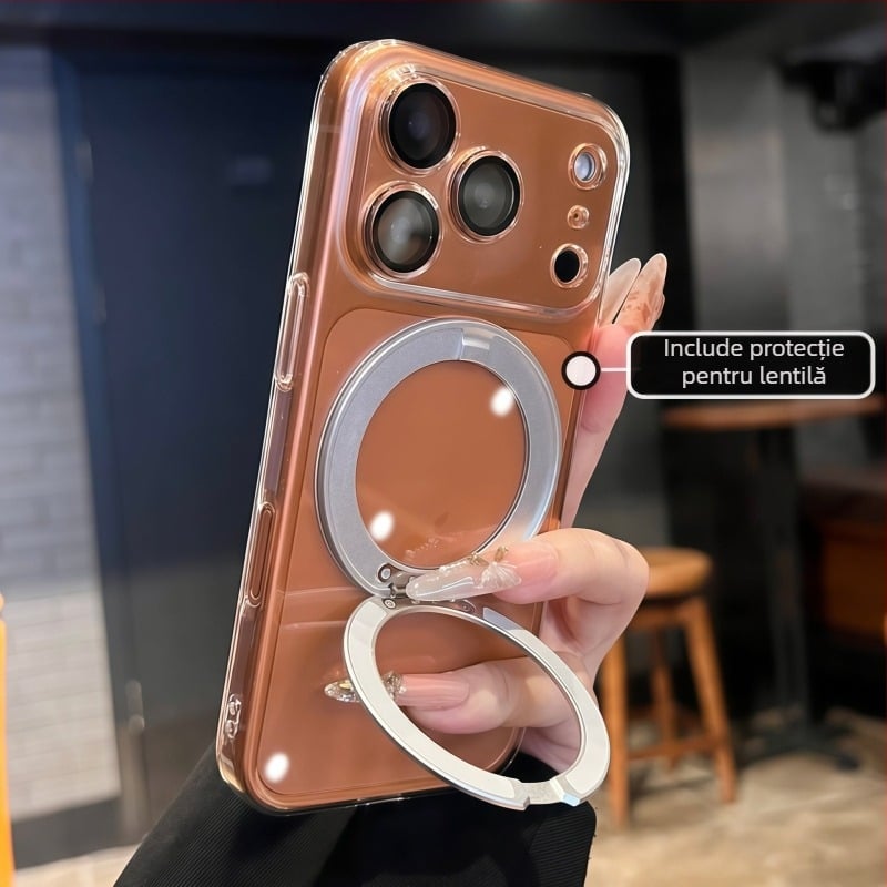 Carcasă transparentă minimalistă cu suport rotativ și prindere magnetică pentru iPhone 17 Pro/Pro Max și 16 Pro – TPU, suport rotativ, magnet, protecție împotriva căderilor, protecție lentile inclusă