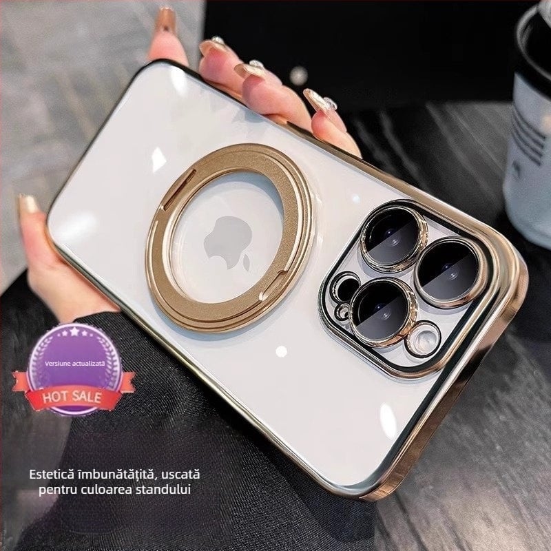 Carcasă transparentă minimalistă cu suport rotativ și prindere magnetică pentru iPhone 17 Pro/Pro Max și 16 Pro – TPU, suport rotativ, magnet, protecție împotriva căderilor, protecție lentile inclusă