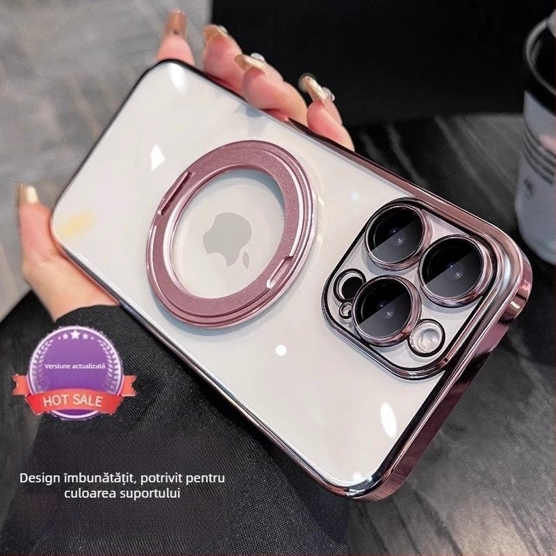 Carcasă transparentă minimalistă cu suport rotativ și prindere magnetică pentru iPhone 17 Pro/Pro Max și 16 Pro – TPU, suport rotativ, magnet, protecție împotriva căderilor, protecție lentile inclusă