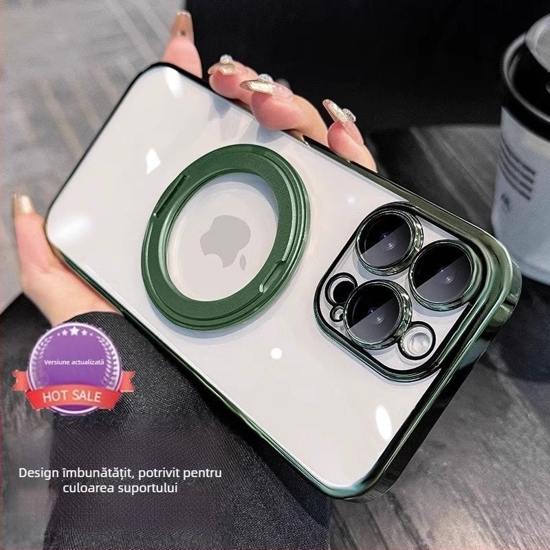 Carcasă transparentă minimalistă cu suport rotativ și prindere magnetică pentru iPhone 17 Pro/Pro Max și 16 Pro – TPU, suport rotativ, magnet, protecție împotriva căderilor, protecție lentile inclusă