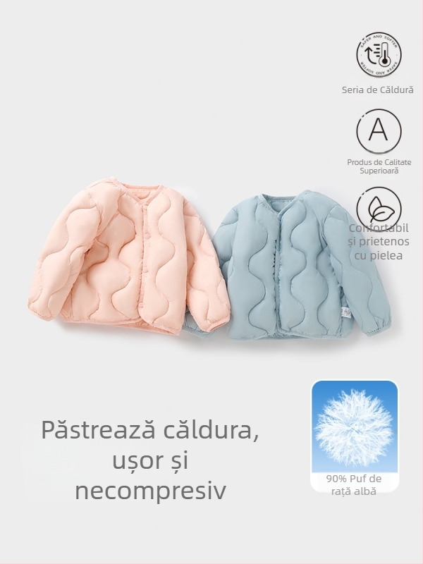 Jachetă de puf pentru copii, unisex, 81-85% puf de rață alb, croială lejeră, lungime scurtă, exterior și căptușeală din poliester