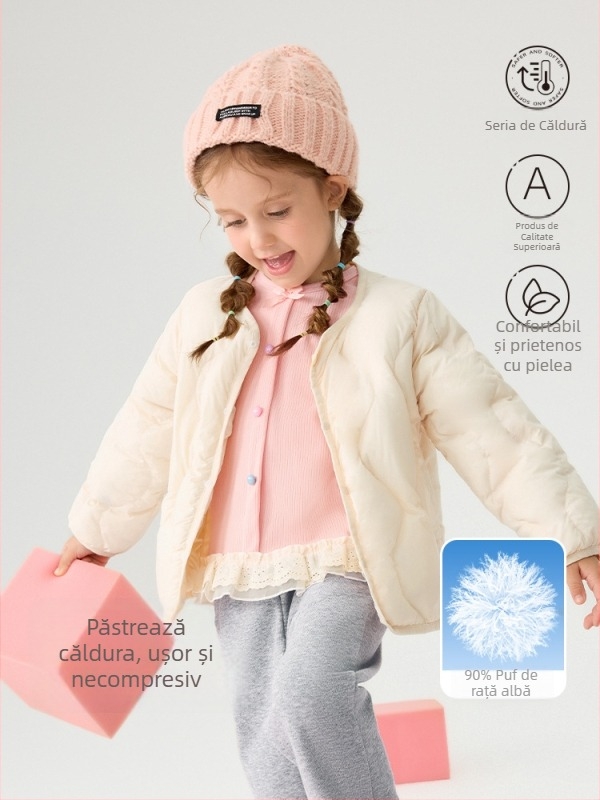 Jachetă de puf pentru copii, unisex, 81-85% puf de rață alb, croială lejeră, lungime scurtă, exterior și căptușeală din poliester
