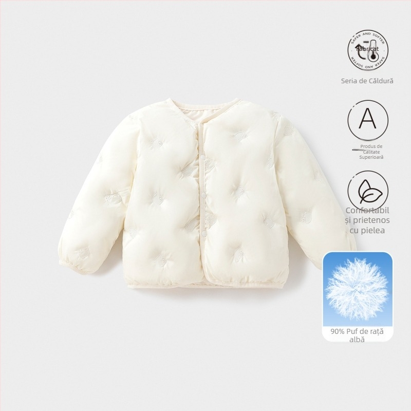 Jachetă de puf pentru copii, unisex, 81-85% puf de rață alb, croială lejeră, lungime scurtă, exterior și căptușeală din poliester