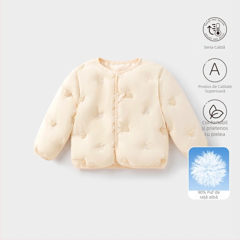 Jachetă de puf pentru copii, unisex, 81-85% puf de rață alb, croială lejeră, lungime scurtă, exterior și căptușeală din poliester