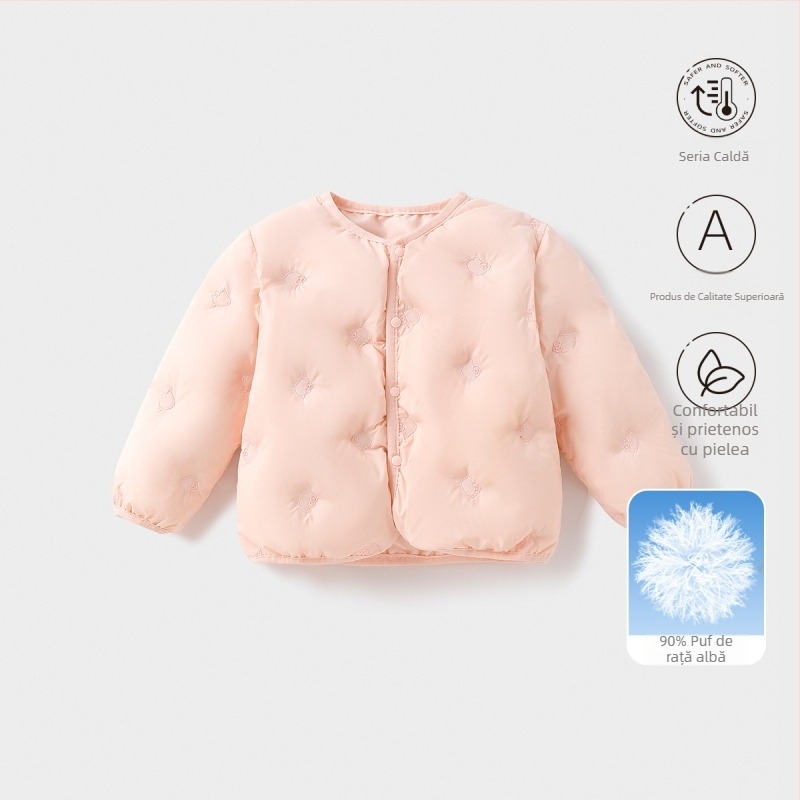 Jachetă de puf pentru copii, unisex, 81-85% puf de rață alb, croială lejeră, lungime scurtă, exterior și căptușeală din poliester