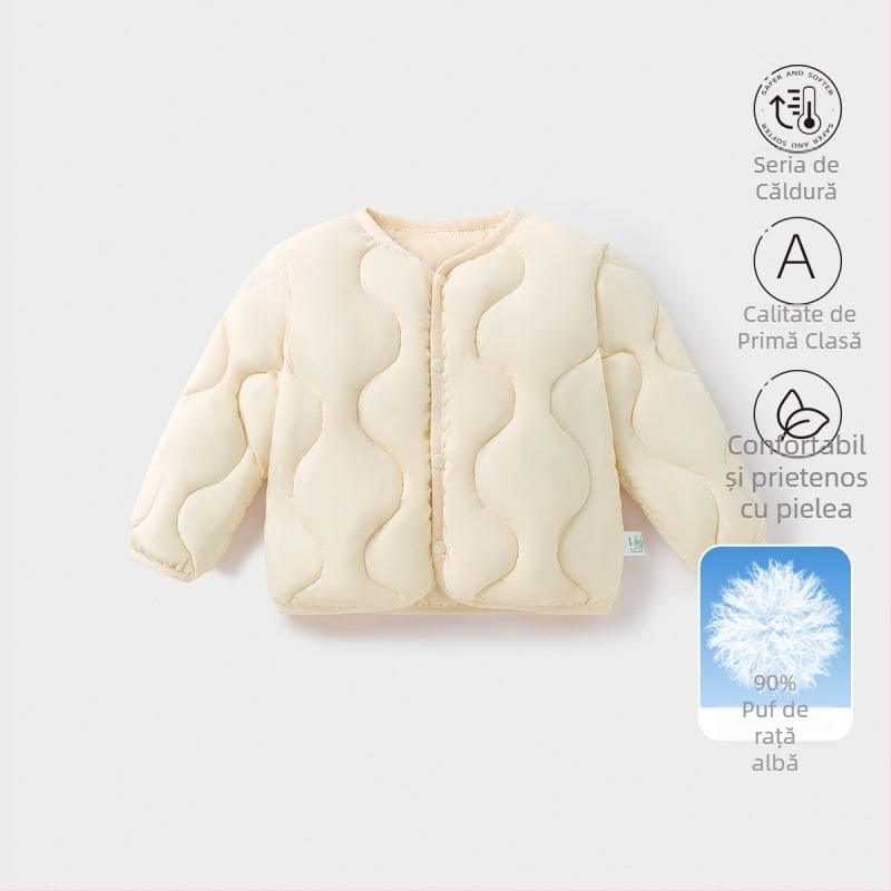 Jachetă de puf pentru copii, unisex, 81-85% puf de rață alb, croială lejeră, lungime scurtă, exterior și căptușeală din poliester