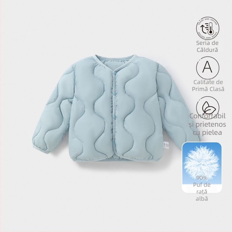 Jachetă de puf pentru copii, unisex, 81-85% puf de rață alb, croială lejeră, lungime scurtă, exterior și căptușeală din poliester