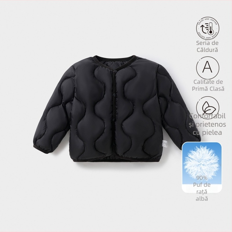 Jachetă de puf pentru copii, unisex, 81-85% puf de rață alb, croială lejeră, lungime scurtă, exterior și căptușeală din poliester