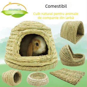 Cuib țesut manual din iarbă pentru animale de companie mici – adăpost pentru iepuri, porcușori de Guineea, chinchilla, arici – Material: floare de mătase