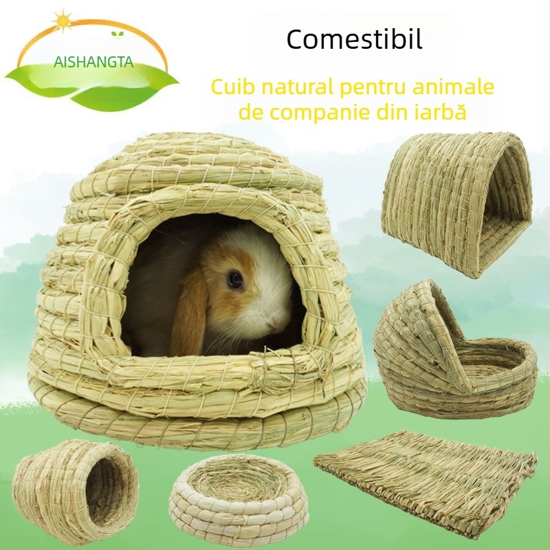 Cuib țesut manual din iarbă pentru animale de companie mici – adăpost pentru iepuri, porcușori de Guineea, chinchilla, arici – Material: floare de mătase