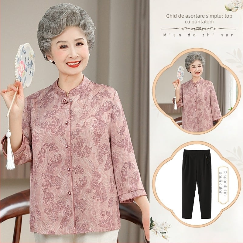 cămașă și cardigan pentru femei în vârstă, stil chinezesc, retro literar, conținut țesătură 30–50%, fără guler