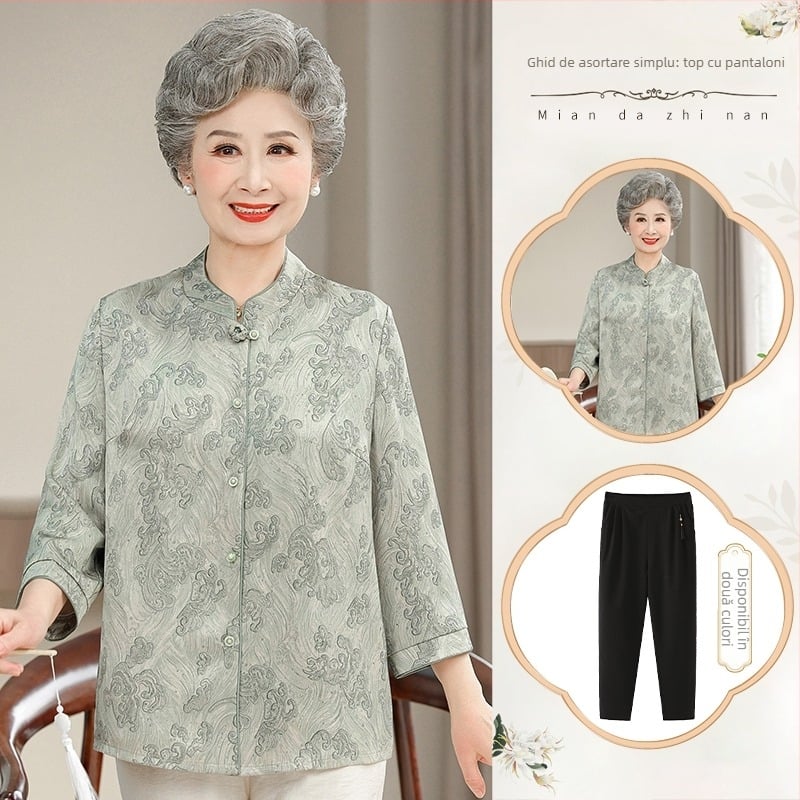 cămașă și cardigan pentru femei în vârstă, stil chinezesc, retro literar, conținut țesătură 30–50%, fără guler