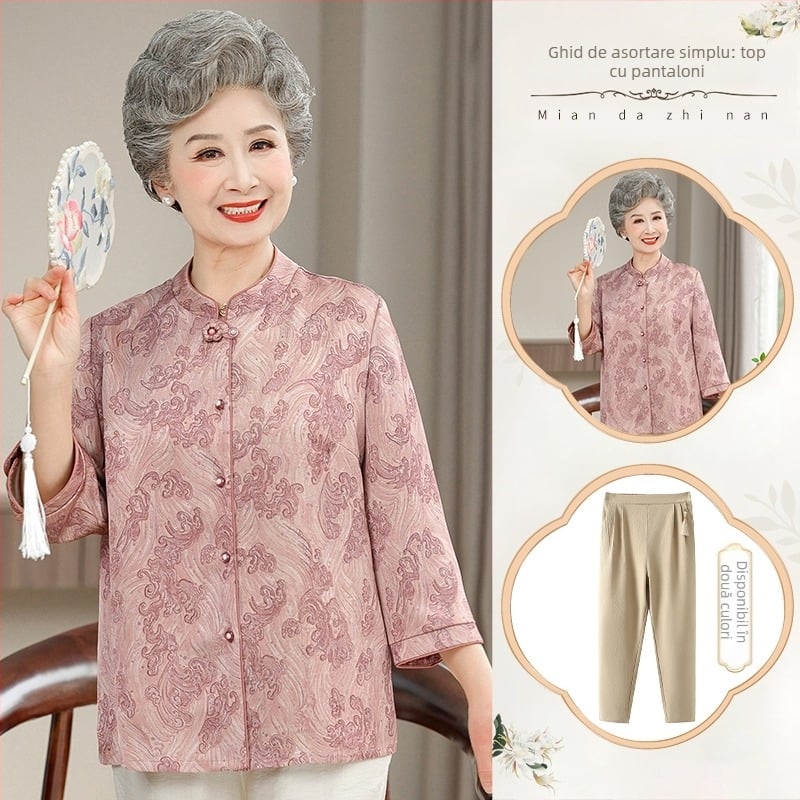 cămașă și cardigan pentru femei în vârstă, stil chinezesc, retro literar, conținut țesătură 30–50%, fără guler