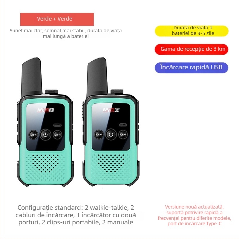 Walkie-Talkie portabil – Mini, rază lungă 5–10 km, 400–470 MHz, 16 canale, Putere de ieșire 5 W