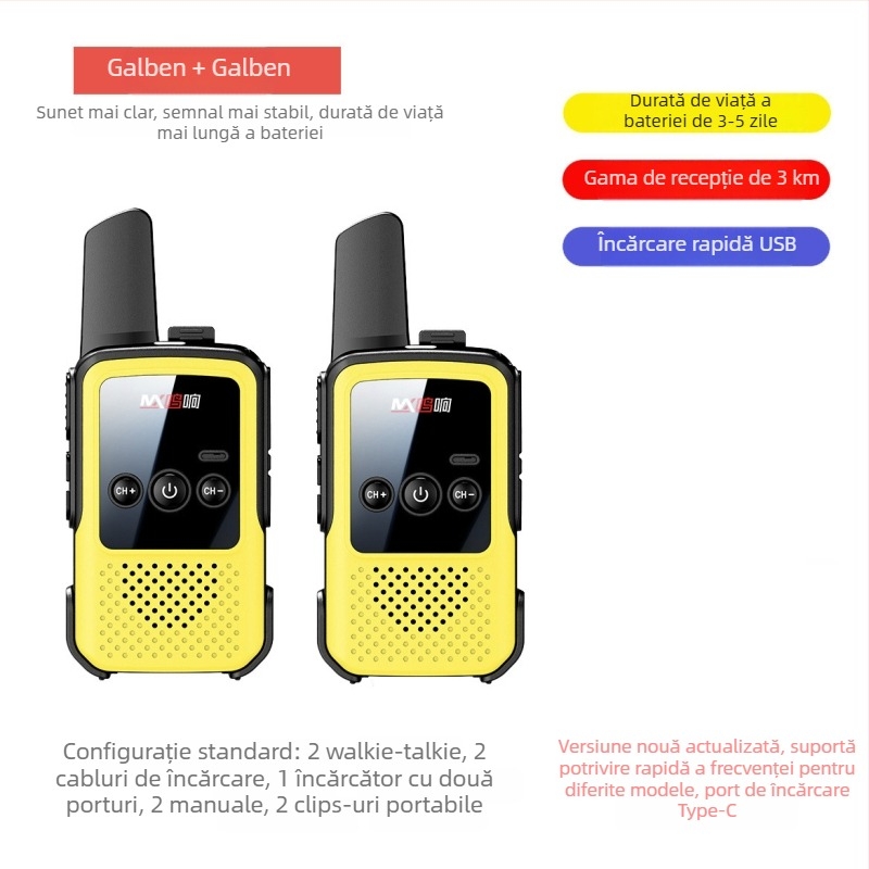 Walkie-Talkie portabil – Mini, rază lungă 5–10 km, 400–470 MHz, 16 canale, Putere de ieșire 5 W