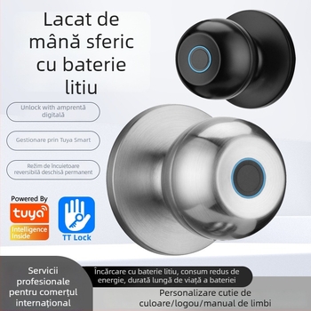 Încuietoare inteligentă sferică cu trei bare, pentru ușile interioare din lemn, stocare 50 de amprente, alimentare DC, deblocare de la distanță