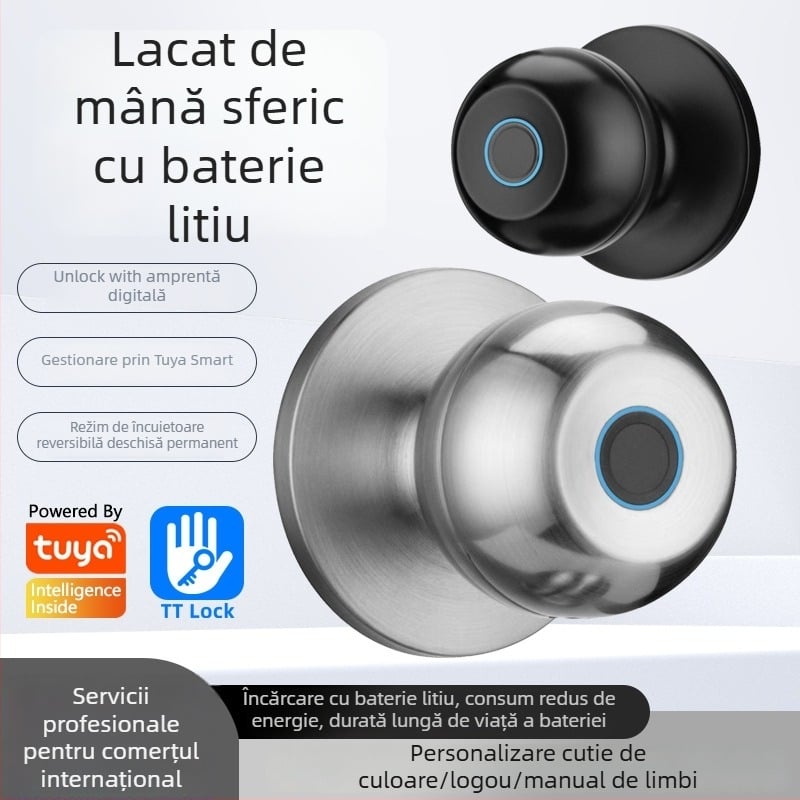 Încuietoare inteligentă sferică cu trei bare, pentru ușile interioare din lemn, stocare 50 de amprente, alimentare DC, deblocare de la distanță