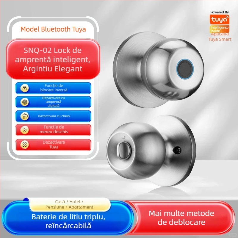 Încuietoare inteligentă sferică cu trei bare, pentru ușile interioare din lemn, stocare 50 de amprente, alimentare DC, deblocare de la distanță