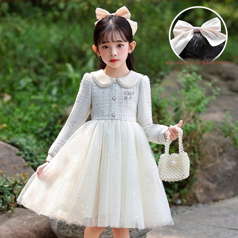 Rochie pentru fetițe, stil prințesă, țesătură mesh, poliester 81–90%, căptușeală din bumbac 60–70%, croială A-line, toamnă 2025.