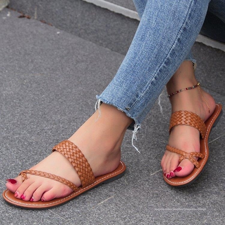 Sandale pentru femei plus-size, deget deschis, talpă plată, vârf din in, talpă din cauciuc, respirante