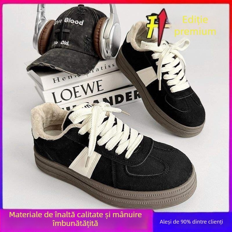 Pantofi casual de iarnă pentru femei – vârf rotund, partea superioară din bumbac, căptușeală din blană de iepure, talpă TPR